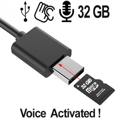 Verdeckter Spionagerecorder im USB-Kabel. Erstklassige Aufnahme- und Wiedergabequalität. Lange Aufnahmezeiten: bis zu 384 Std. mit 32 GB Speicher. Keine Batterie notwendig durch USB-Stromversorgung.